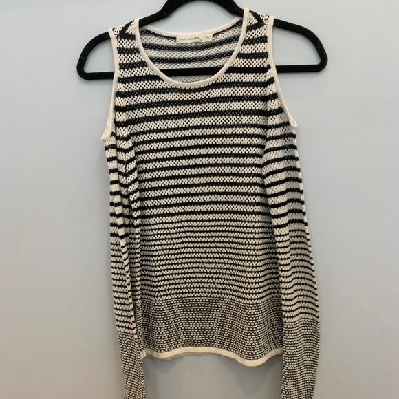 Rag and Bone Black White Stripe Semi-Sheer Cold Shoulder Sweater Size Medium - Picture 2 of 7